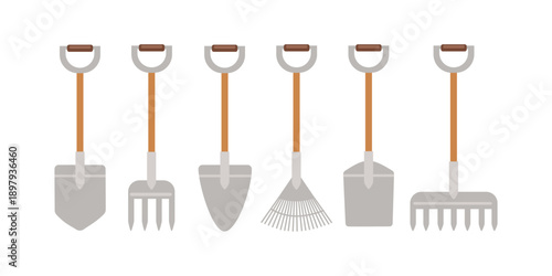 Gardening Tools Collection Shovels Forks and Rakes. Backyard Gardening Tool Collection. Outdoor Gardening Equipment Set.