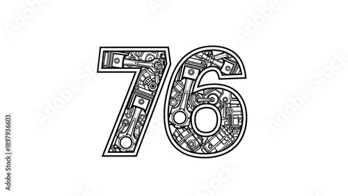 Number 76 Made of Car Engine Parts Mechanical Design.