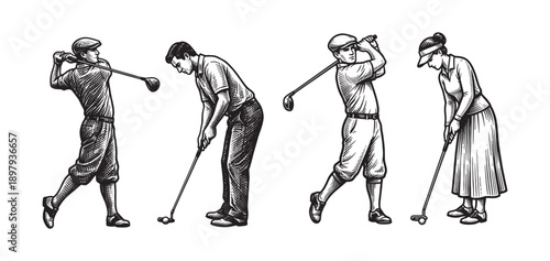 Golf Players Men and Woman Action Poses