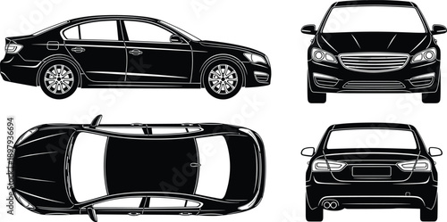 Car silhouette views set showing front side top and rear angles of modern sedan vehicle isolated vector illustration
