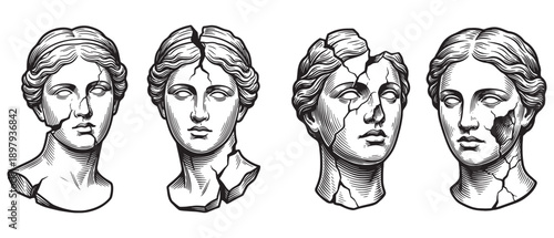 Broken Classical Female Statue Heads Engraving