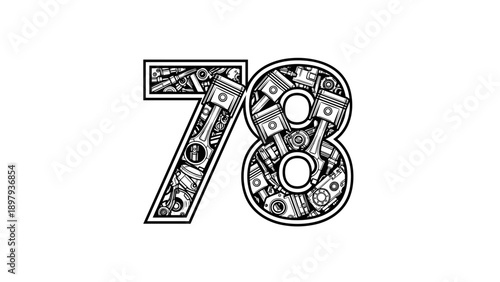 Number 78 Made of Car Engine Parts Mechanical Design Automotive Concept.