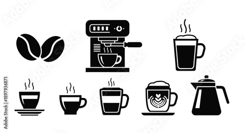 Coffee icons depicting beans machines and various brewed drinks