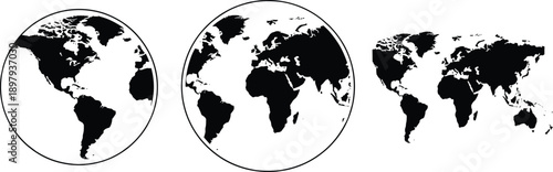 World map silhouette set showing globe and flat earth projections isolated on white background vector illustration for global design use