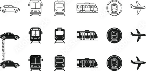 Transportation vehicle icon set featuring car train subway metro tram and airplane symbols in outline and solid styles
