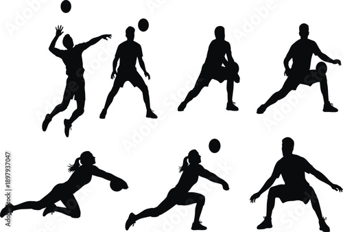 Set of professional volleyball player silhouettes featuring men and women jumping spiking serving diving and passing in various athletic action poses on white background
