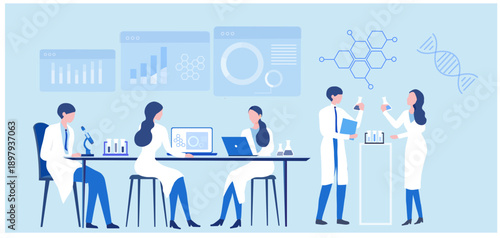 Professional scientists, doctors and chemical researchers working and analysis in laboratory experiment vector  Illustration. Medical laboratory, research experiment biology molecular concept.