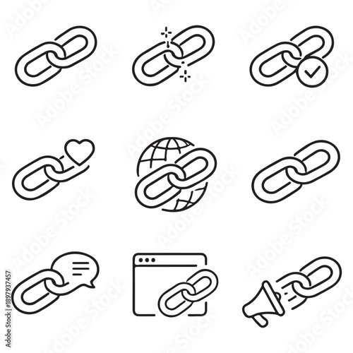 Web Linking and Connectivity Icons Representing Hyperlinks, Internet Connections, and Relationships