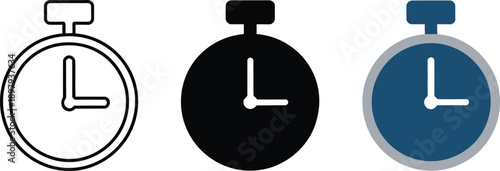 Three stopwatch icons in different colors on white background
