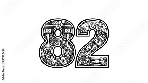 Number 82 Steampunk Engine Parts Gears Pistons Mechanical Design.