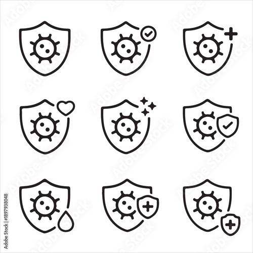 Set of shield icons representing protection and defense against viruses and bacteria