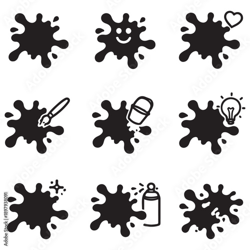 A collection of ink splatters and art supply icons representing creativity and artistic expression