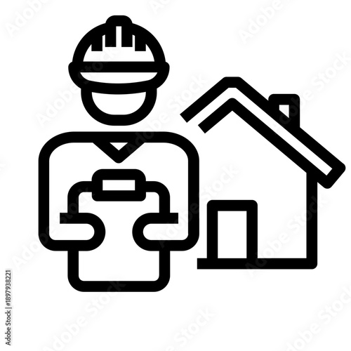 Line icon of an agent with a clipboard next to a house