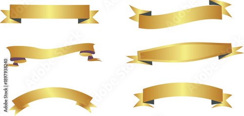 Golden Ribbons Collection, Elegant Banners, Luxury Ribbon Set, Shiny Gold Tapes, Isolated on White
