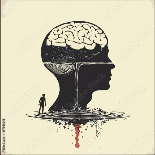 Human head with a man inside watering brain , vector style simple color