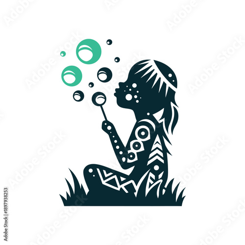 Tribal Polynesian Girl Blowing Bubbles Vector Icon