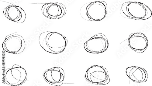 Hand drawn circle sketches in black ink on white background, artistic and creative