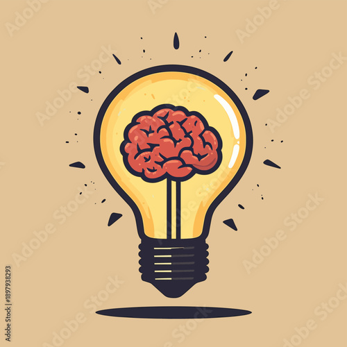 Creative generative AI illustration of brain inside of light bulb with concept of idea or brainstorm against beige background , vector style simple color