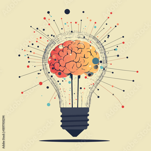Creative generative AI illustration of brain inside of light bulb with concept of idea or brainstorm against beige background , vector style simple color