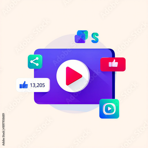 Free Download Digital media icons with play button share button and likes count representing online video content and social media engagement - GFXLoad