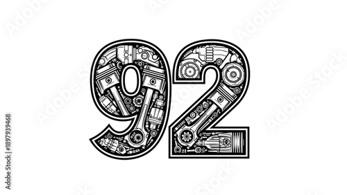 Number 92 Made of Mechanical Parts - Engine Components Gears Pistons.