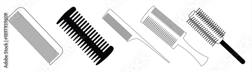 comb icon in different shapes Wide-Tail Comb, Fine-Tail Comb, Tail Comb, and Round Brush