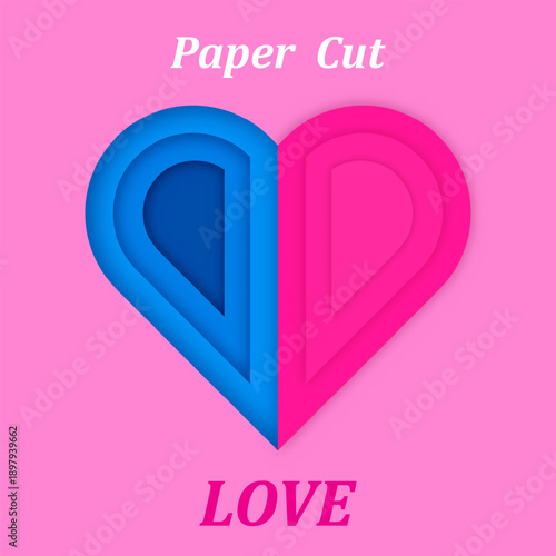 Abstract background papercut heart shapes in pink and blue, deep layered on the left and layered on the right, against a pink background.