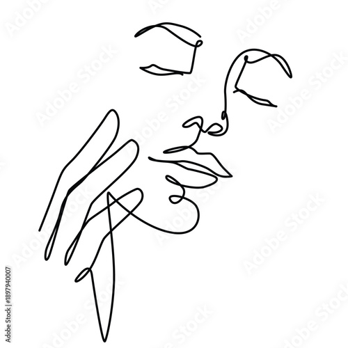 Relaxed woman's face with hand on cheek one line drawing. Relaxed woman's face with hand on cheek single line illustration. Relaxed woman's face with hand on cheek minimalist line art