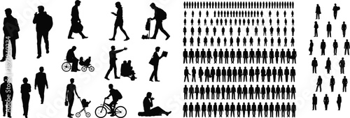 Assortment of human silhouettes showing individuals in various activities including pushing a stroller, riding a bicycle, and reading, with a large grid of figures