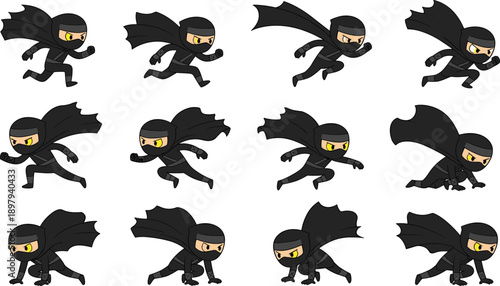 Cartoon ninja action poses set illustration, stealth warrior running jumping attacking animations, game character design, white background