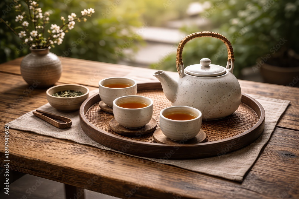 Fototapeta premium Serene tea setting with teapot and cups on wooden table in garden with natural light 4K Video Resolution