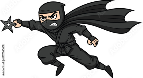 Cartoon ninja warrior throwing shuriken, stealth action character illustration, martial arts fighter pose, dramatic movement, white background