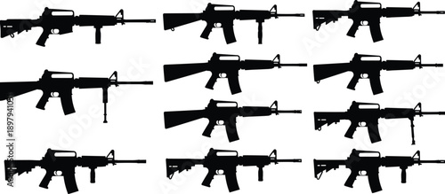 Assault rifle silhouette set with multiple military gun models, modern firearm collection for defense design, tactical weapon illustration isolated on white background