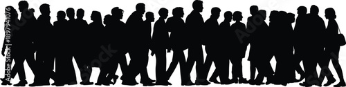 Diverse group of people walking in silhouette against a white background representing a crowd or pedestrian traffic