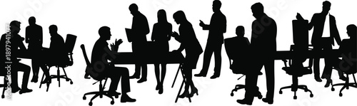 Diverse group of professionals in silhouette engaged in a business meeting around a conference table with laptops and chairs
