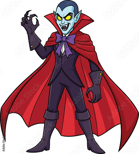 Cartoon vampire character with red cape, spooky fantasy villain illustration, Halloween Dracula style design, isolated on white background