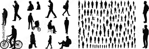 Extensive collection of diverse human silhouettes in various poses and activities, including walking, cycling, and sitting, with a large grid of figures
