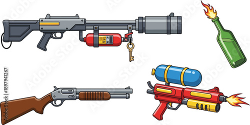 Cartoon weapon set with guns, shotgun, flamethrower and molotov bottle, game asset illustration isolated white background for video game design