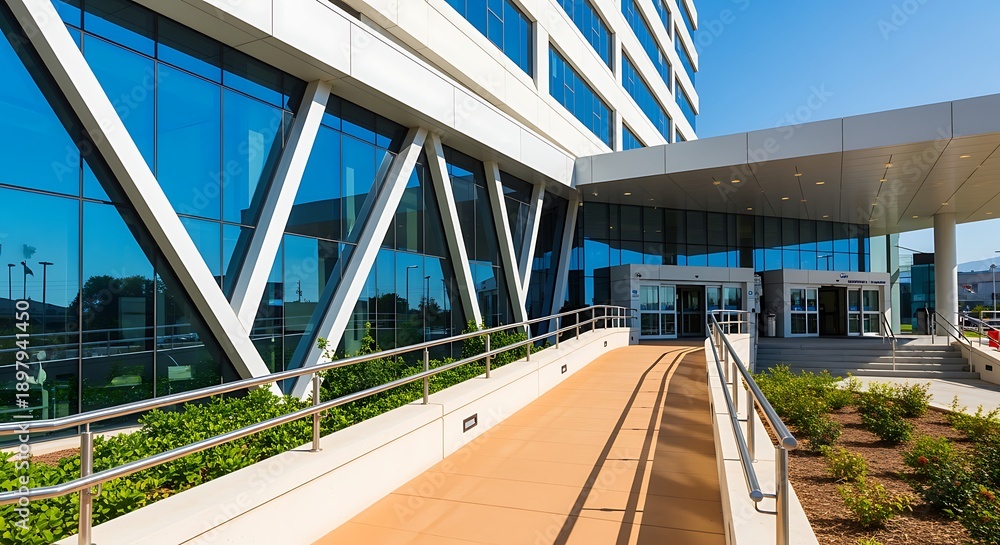 Fototapeta premium Modern Office Building Exterior with Glass Windows and Clear Sky