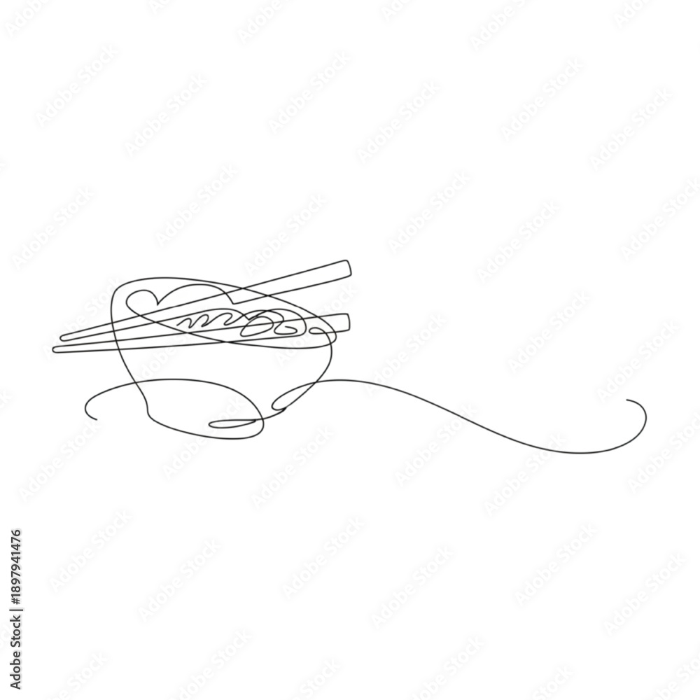Obraz premium Noodles bowl with chopsticks and curved line design, minimalist line art illustration of a traditional Asian dish and eating utensils in sleek, simple style