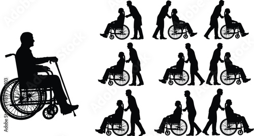 Caregiver pushing elderly person in wheelchair silhouette set, healthcare assistance concept, medical support illustration, black and white vector people icons