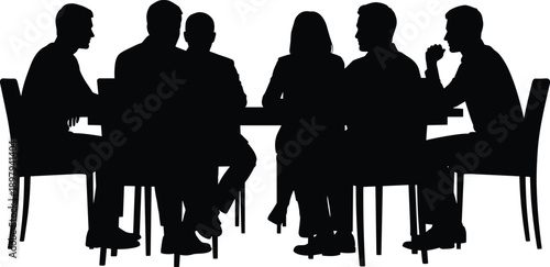 Business people meeting silhouette at conference table, teamwork discussion concept, professional group collaboration, corporate strategy planning, leadership communication in office environment