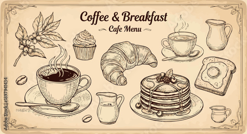 Hand drawn vintage style cafe menu illustration featuring coffee, croissant, pancakes, breakfast food and classic engraved line art elements on warm paper background. Perfect for restaurant menus