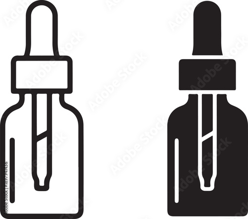Dropper bottle icons outline and solid designs for essential oils, serums, and medicine isolated on white background, illustration