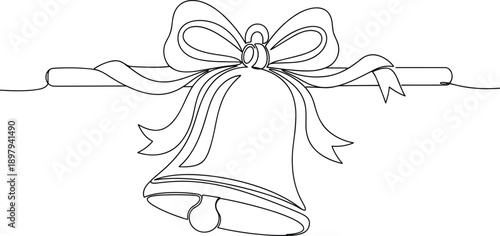 Christmas bell line art illustration with decorative ribbon bow, festive holiday symbol, minimal black and white outline design for greeting cards