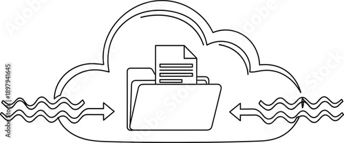 Cloud storage line art illustration, data transfer concept with folder and documents, minimal black outline vector icon, isolated on white background for technology use