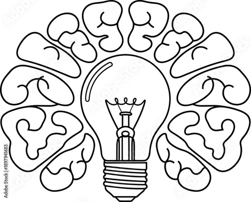 Creative brain with light bulb line art illustration, idea and innovation concept, thinking process, inspiration symbol, intelligence and creativity isolated on white