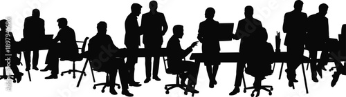 Silhouette of a business meeting with diverse professionals gathered around a long table, engaged in discussion and collaboration