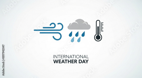 International weather day illustration with wind rain and temperature symbols on a clean white background
