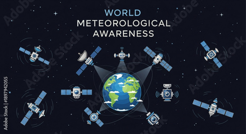 Global weather monitoring system with satellites orbiting earth for meteorological awareness and forecasting in outer space